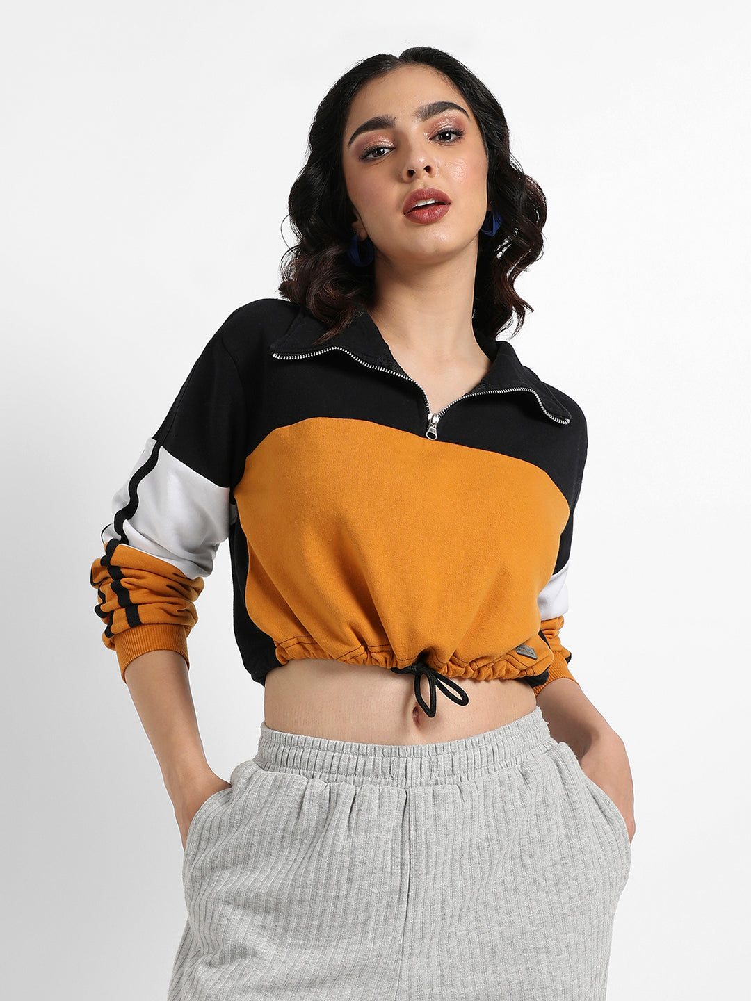 Colourblock Cropped Sweatshirt With Tie-Up Waist