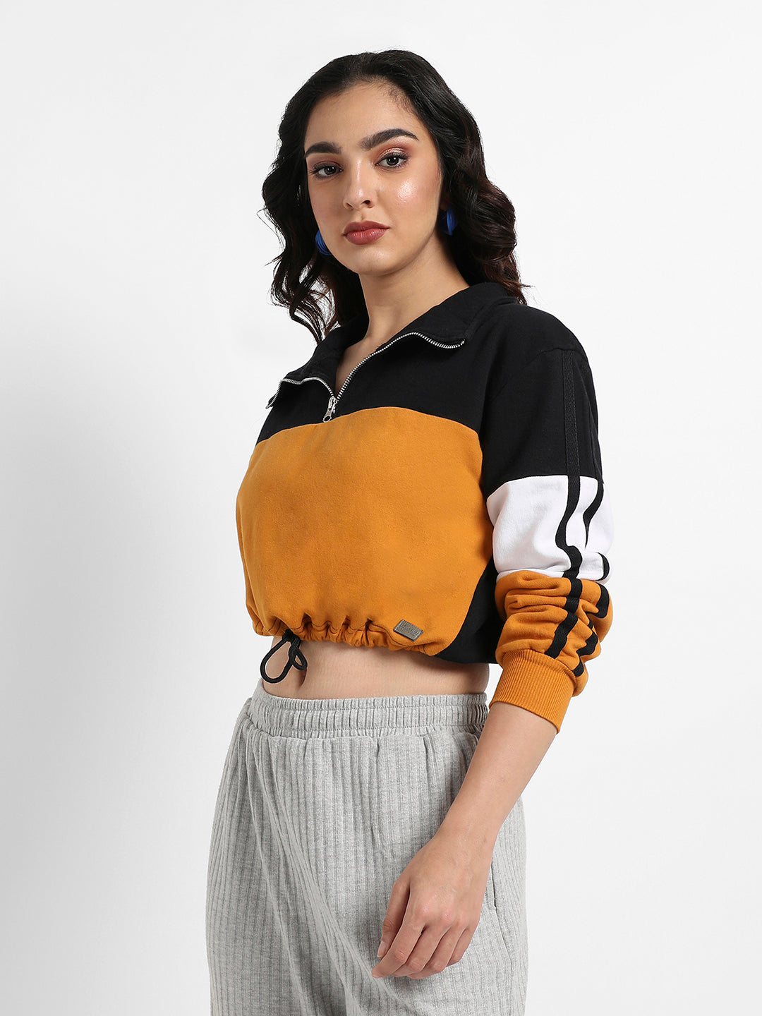 Colourblock Cropped Sweatshirt With Tie-Up Waist