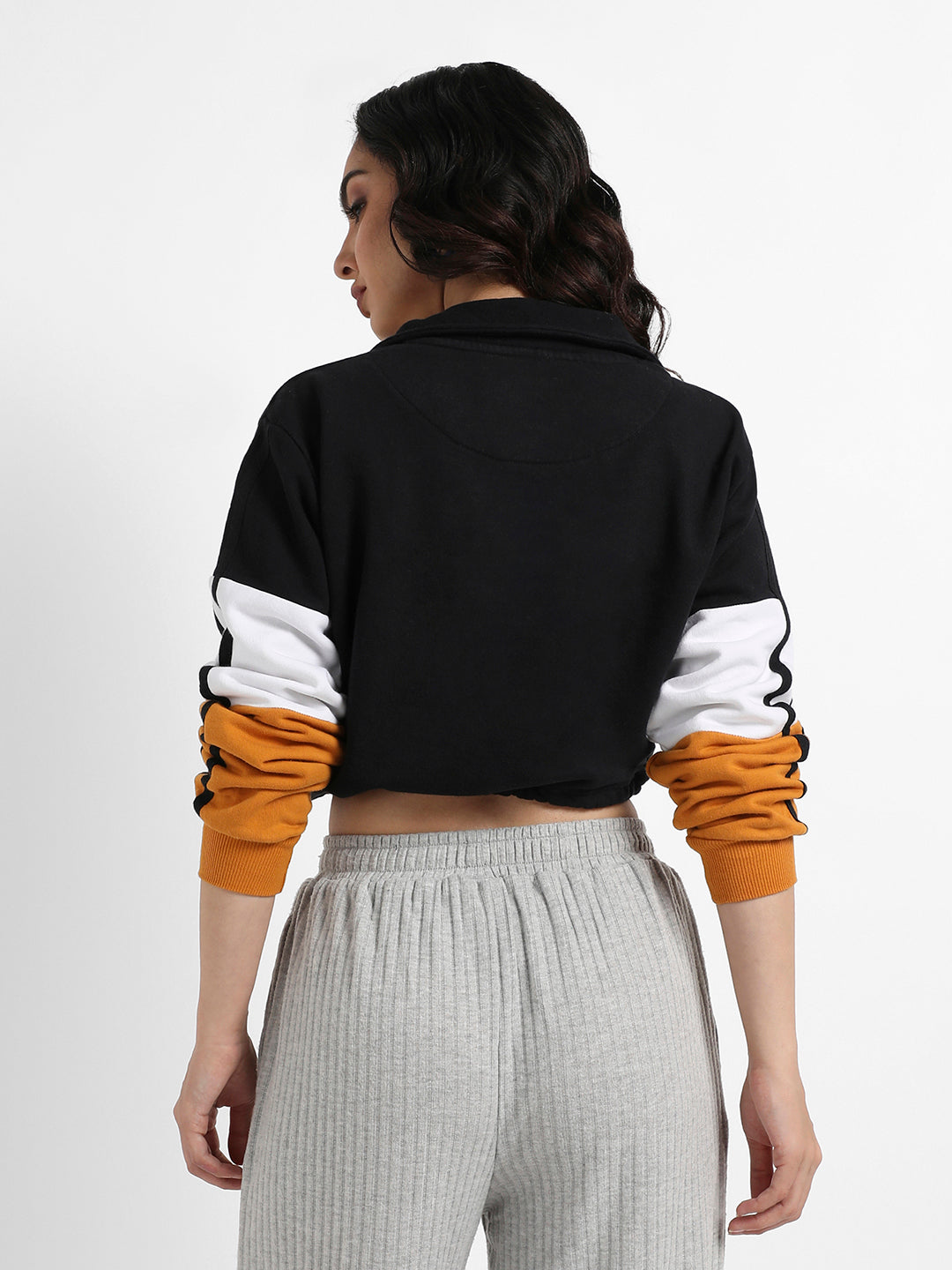 Colourblock Cropped Sweatshirt With Tie-Up Waist