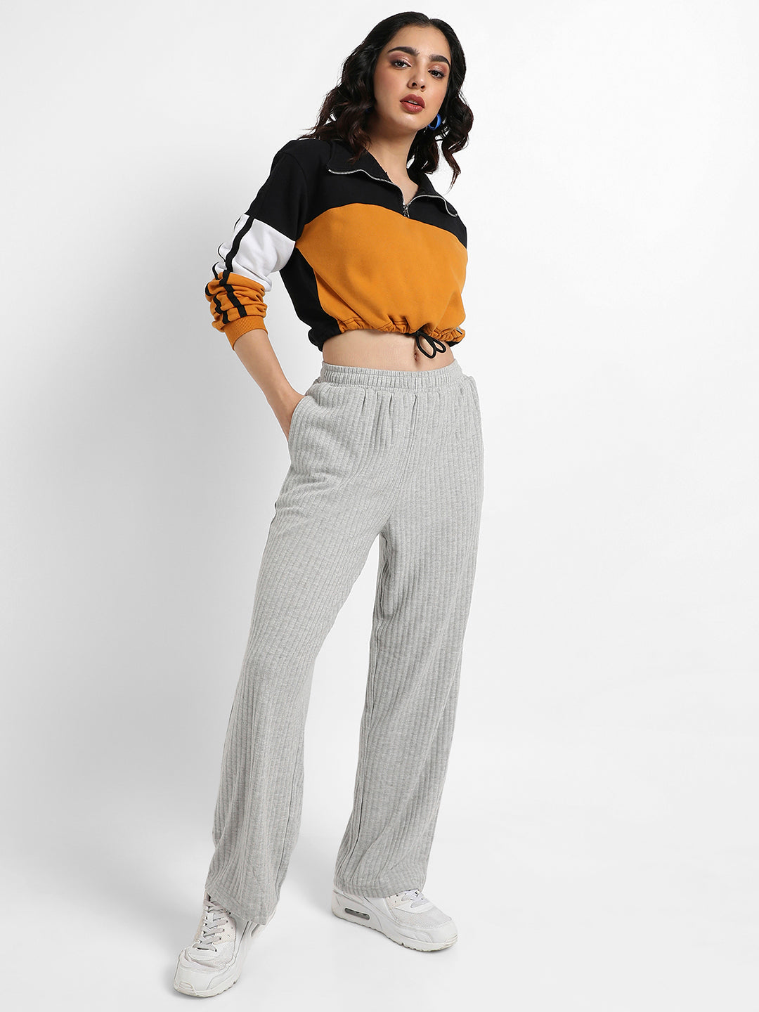 Colourblock Cropped Sweatshirt With Tie-Up Waist