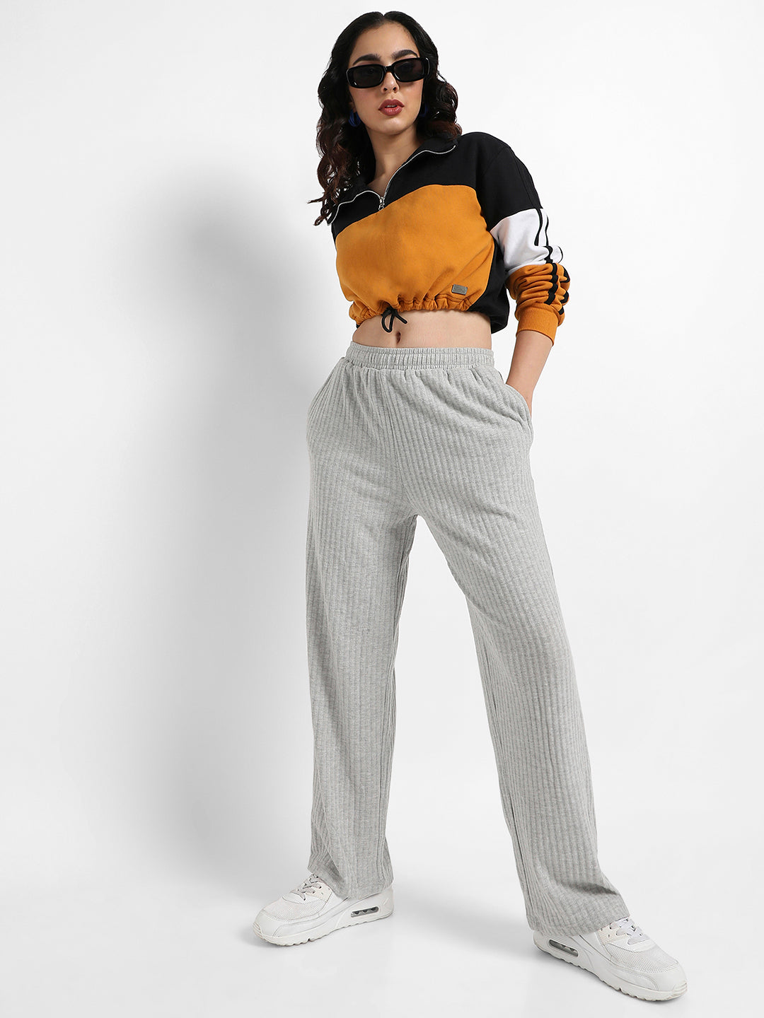 Colourblock Cropped Sweatshirt With Tie-Up Waist