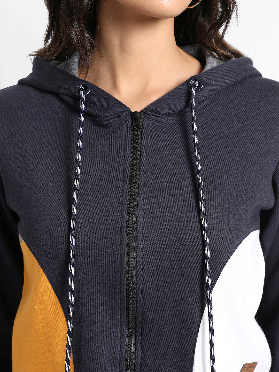 Prussian Blue Zip-Front Hooded Sweatshirt With Contrast Panels