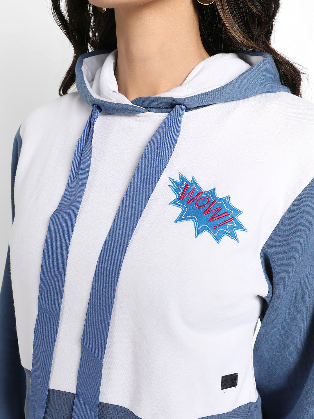 Blue & White Wow! Colourblocked Cropped Hoodie