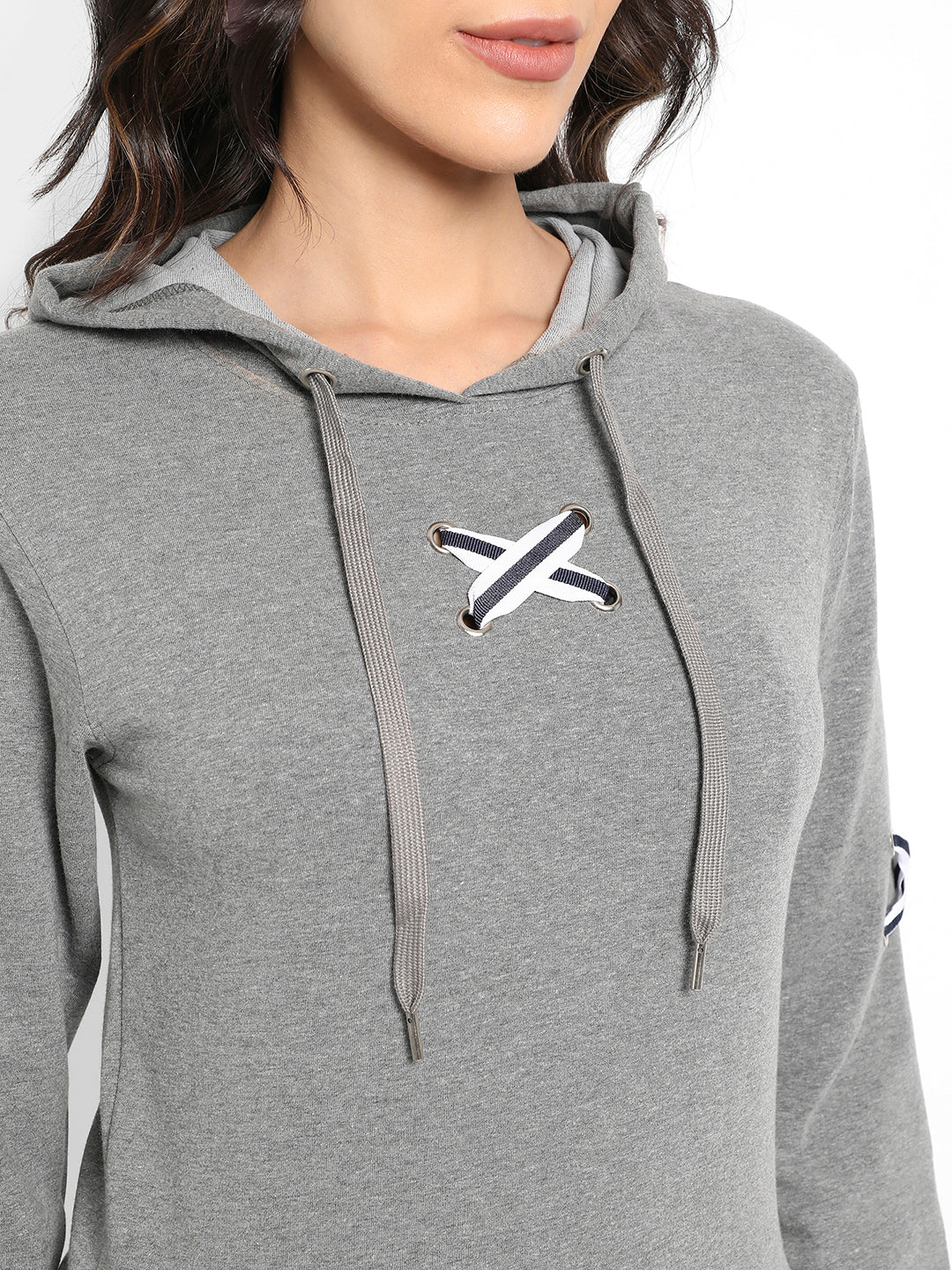 Grey Pullover Hoodie With Criss-Cross Details