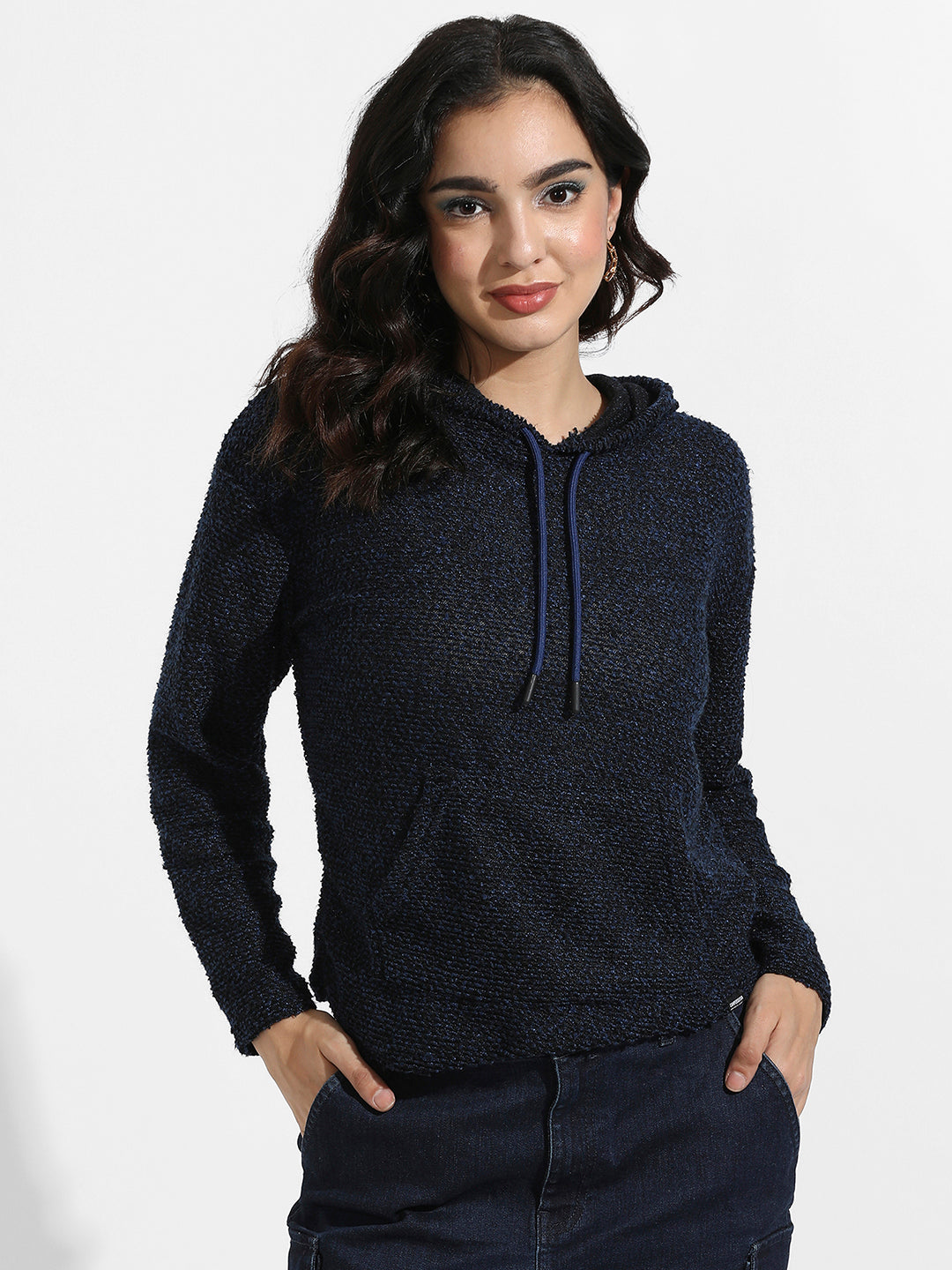 Texture Knitted Hoodie With Kangaroo Pockets