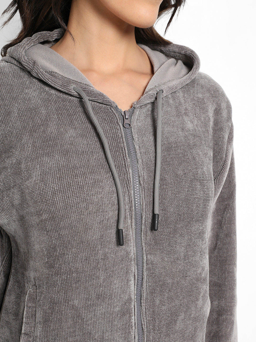 Dark Grey Ribbed Hoodie With Zip-Closure