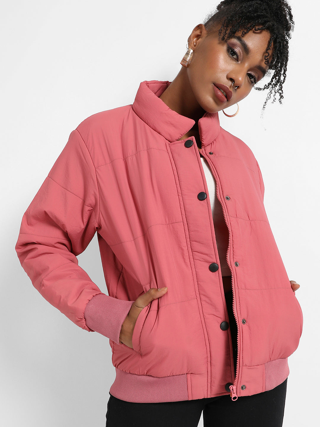 Puffer Jacket With Ribbed Hem