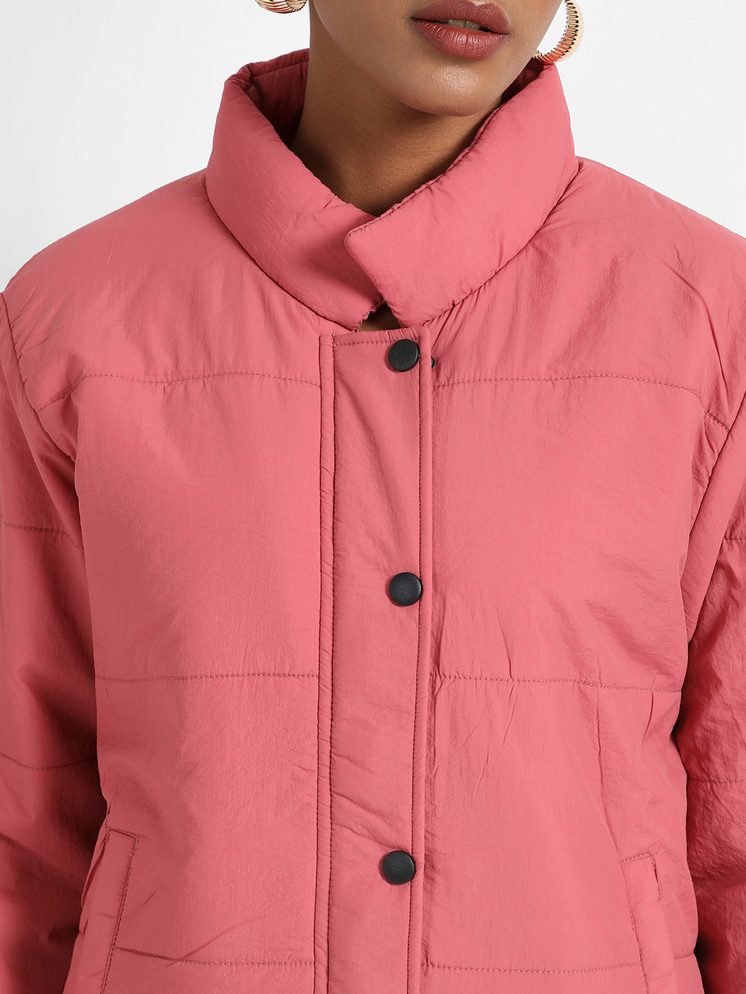 Blush Pink Puffer Jacket With Ribbed Hem