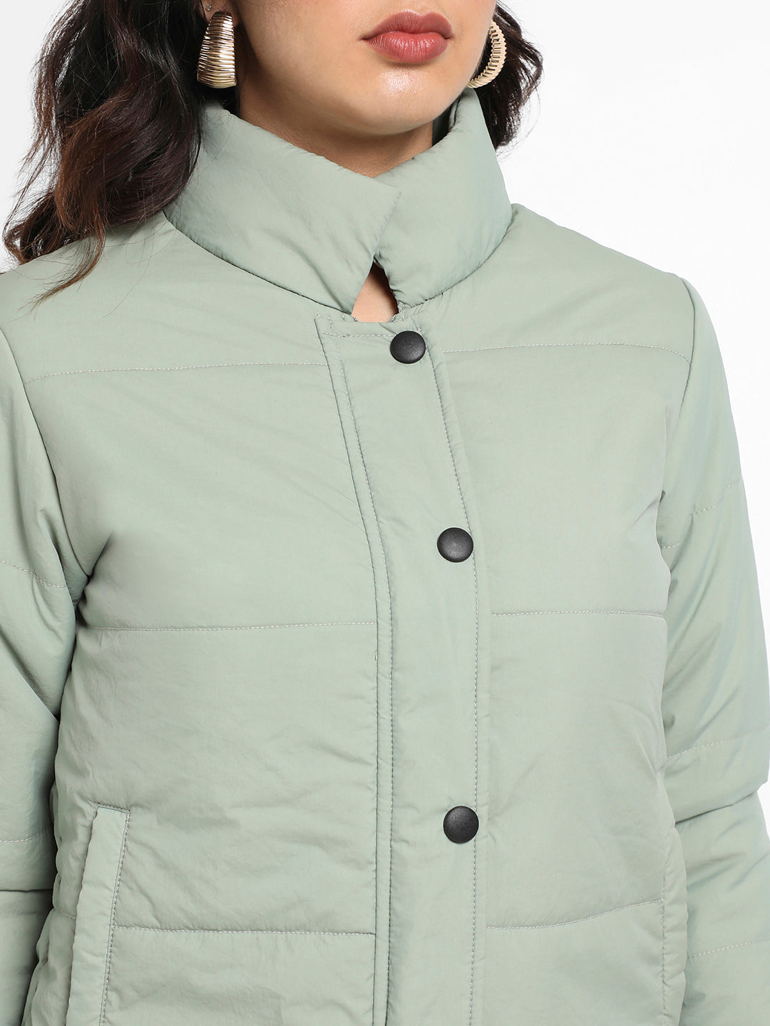 Sage Green Quilted Bomber Jacket With Ribbed Hem