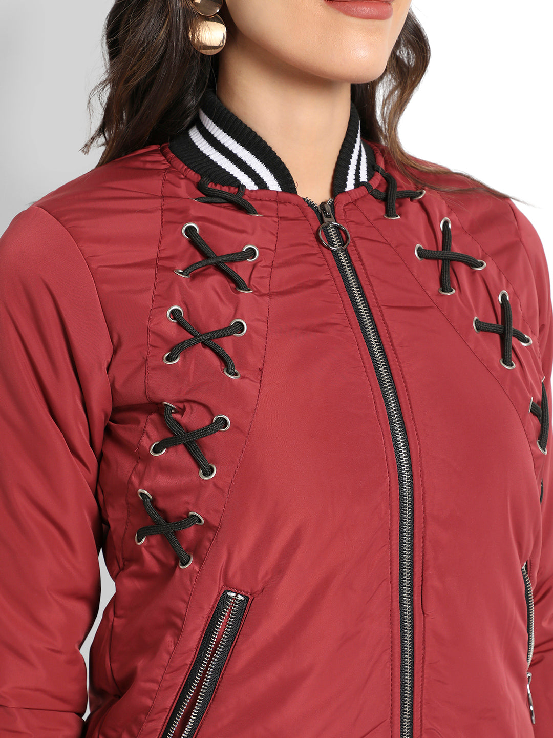 Maroon Zip-Front Jacket With Criss-Cross Details