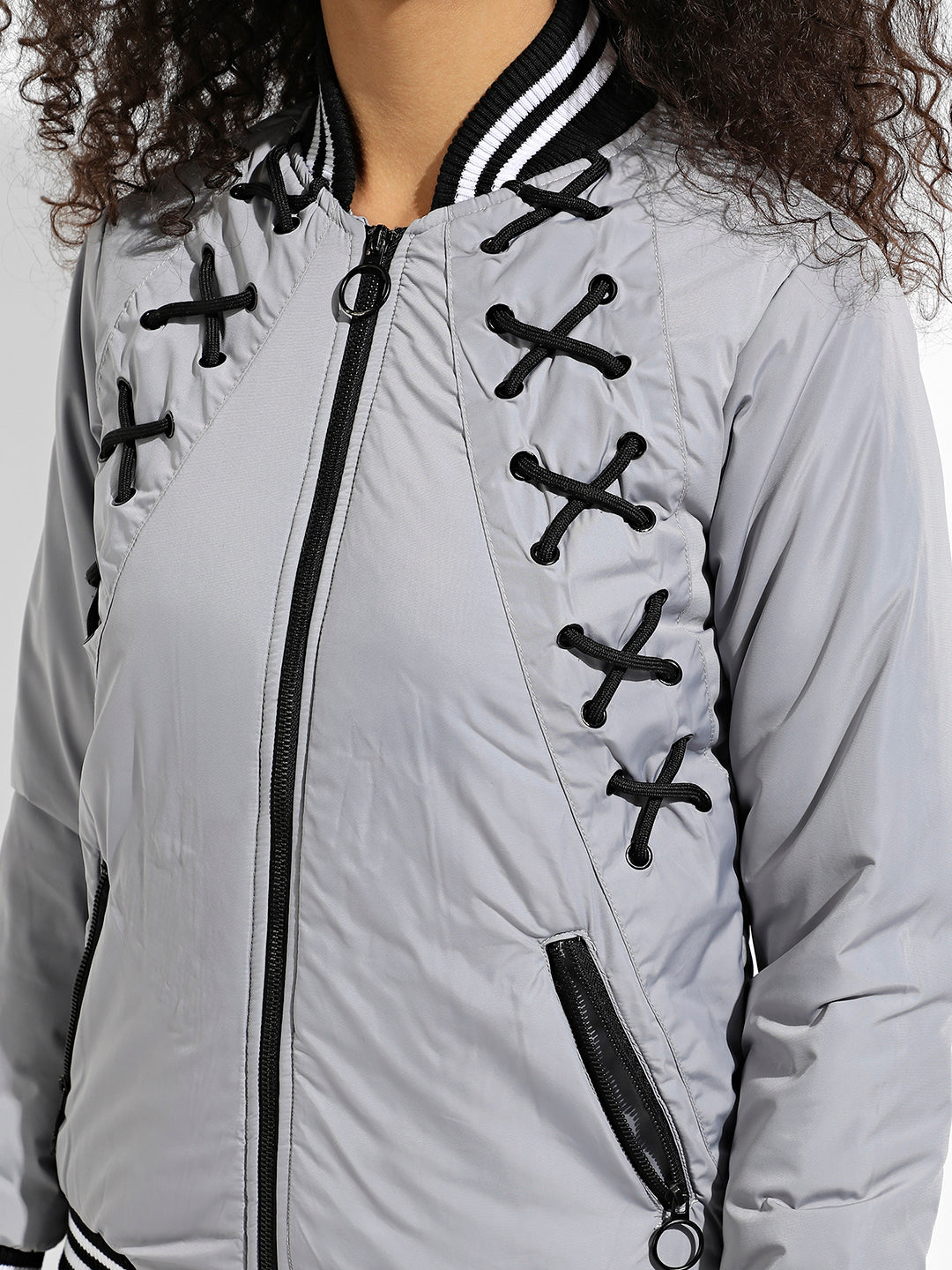 Light Grey Zip-Front Jacket With Criss-Cross Details