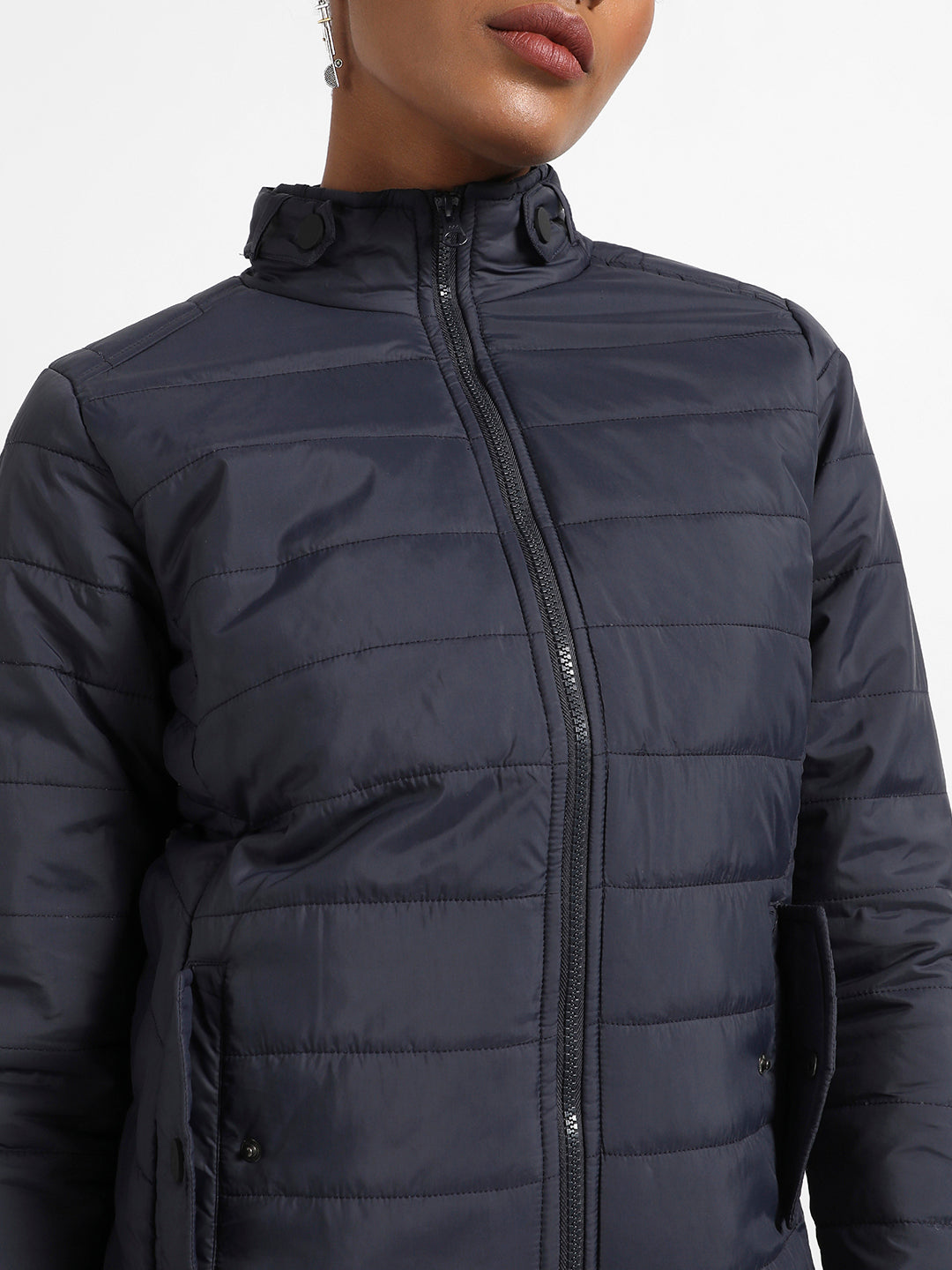 Navy Blue Quilted Puffer Jacket With Zip Closure