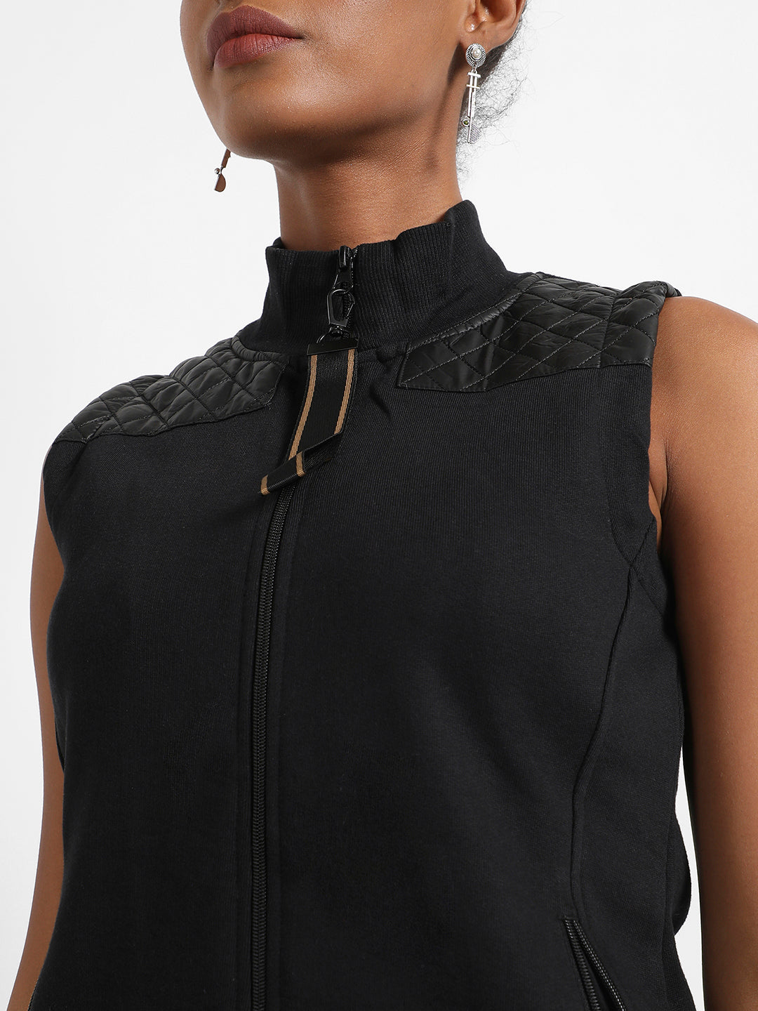 Black Zip-Front Gilet Jacket With Quilted Details