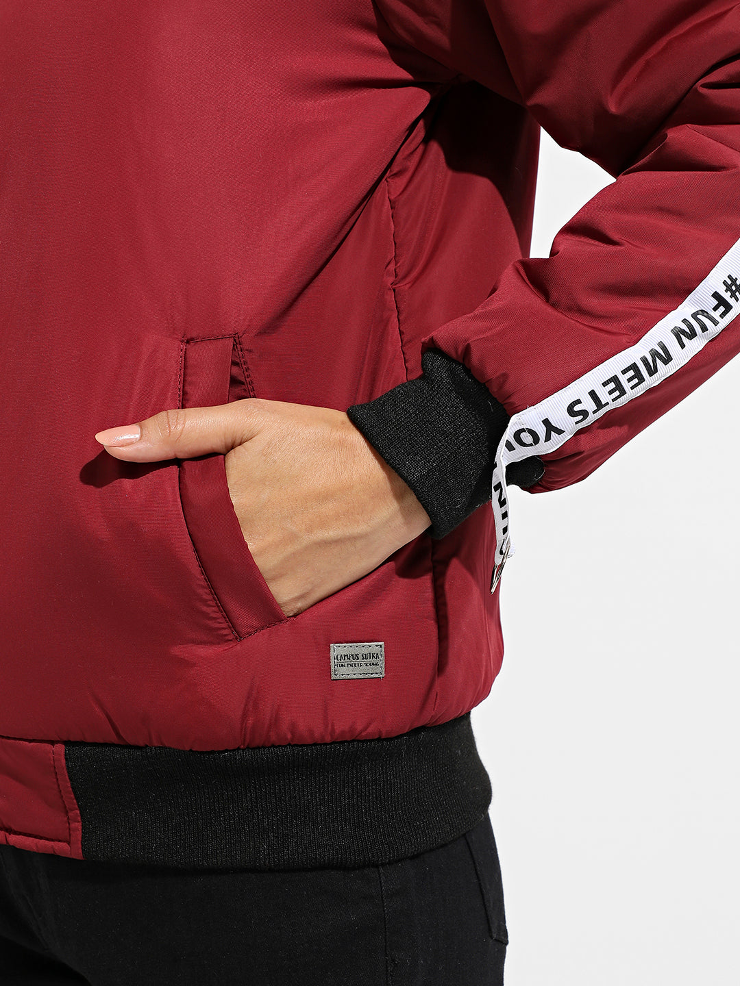 Black & Maroon Zip-Front Colourblock Bomber Jacket