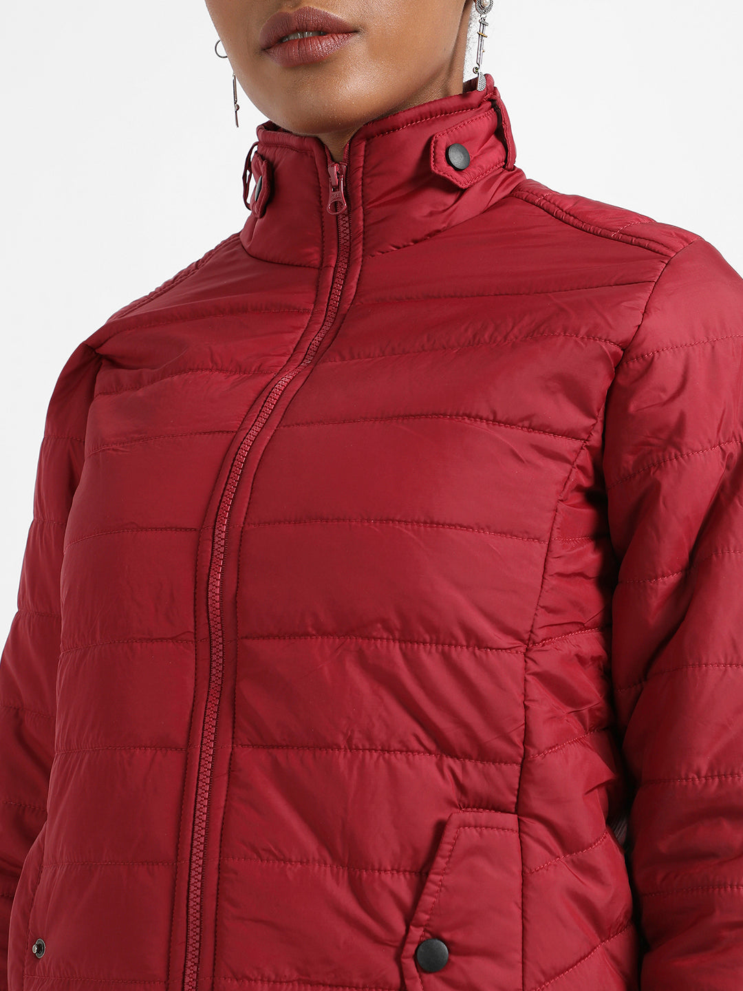 Maroon Puffer Jacket With Flap Insert Pockets