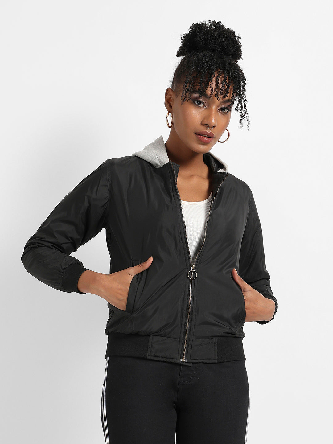 Zip-Front Bomber Jacket With Contrast Hood