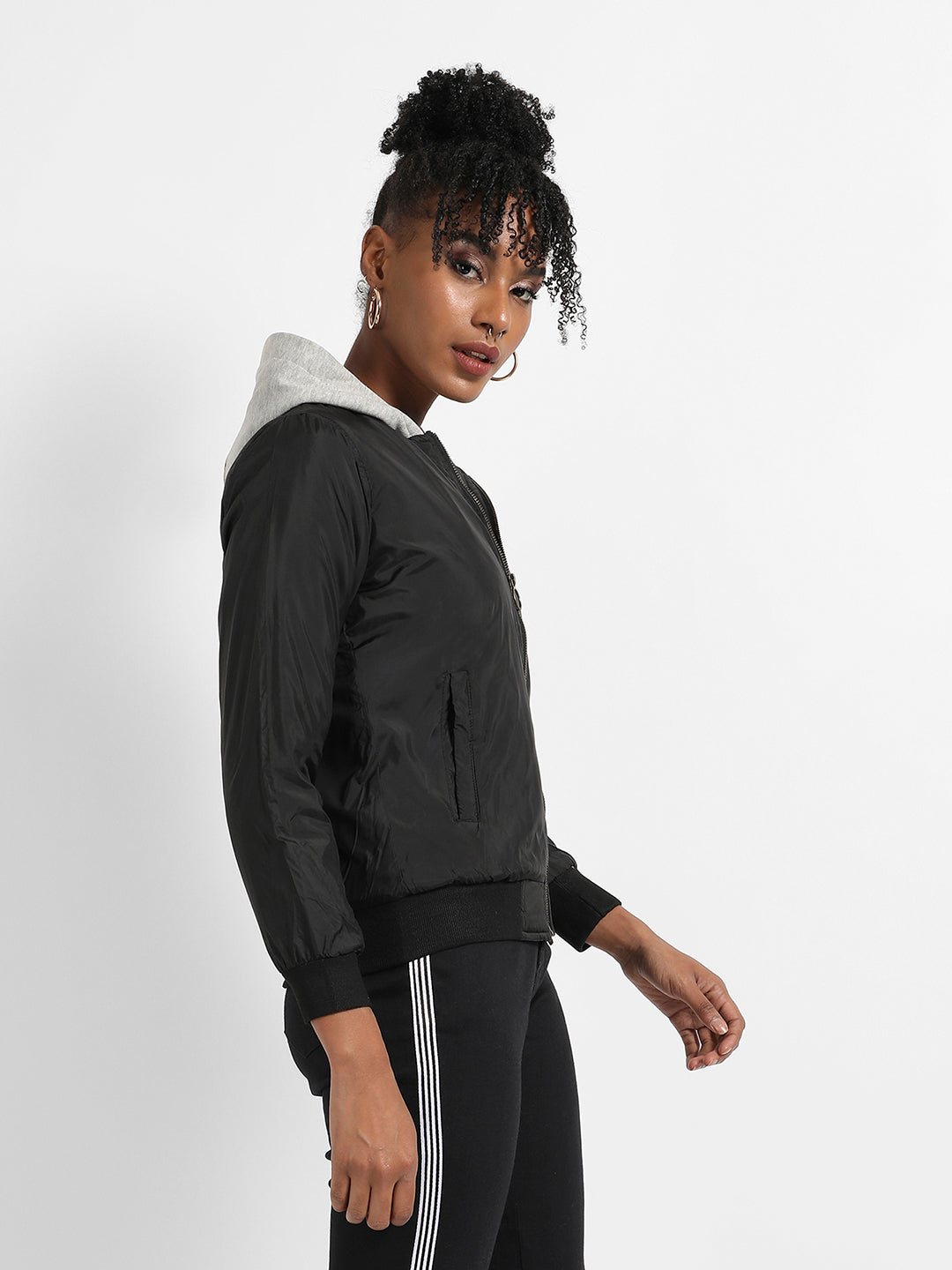 Zip-Front Bomber Jacket With Contrast Hood