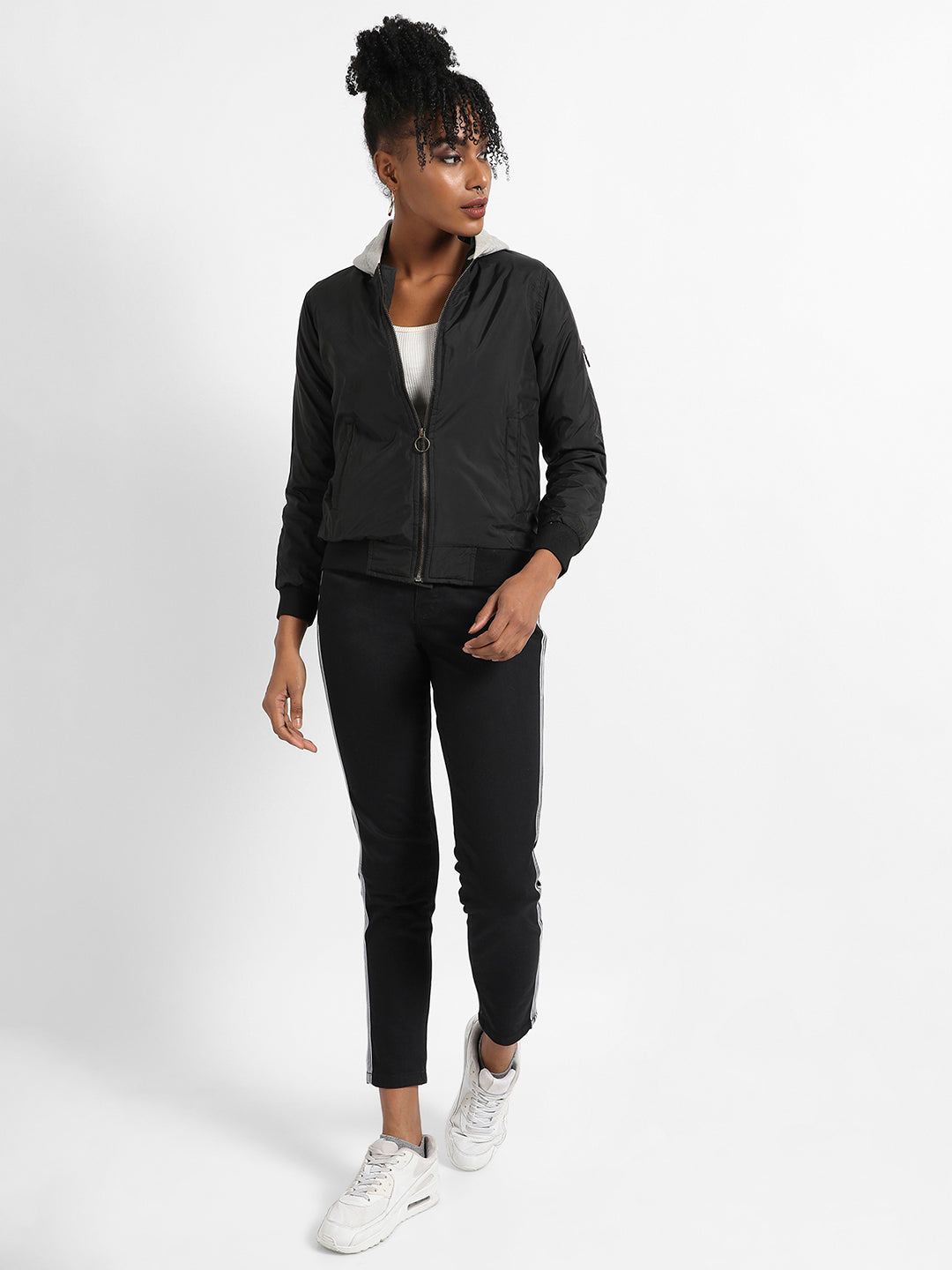 Zip-Front Bomber Jacket With Contrast Hood