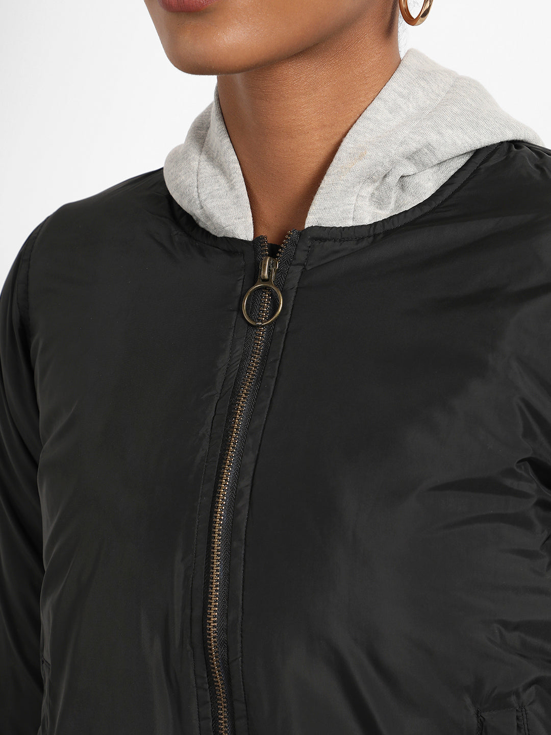 Black Zip-Front Bomber Jacket With Contrast Hood