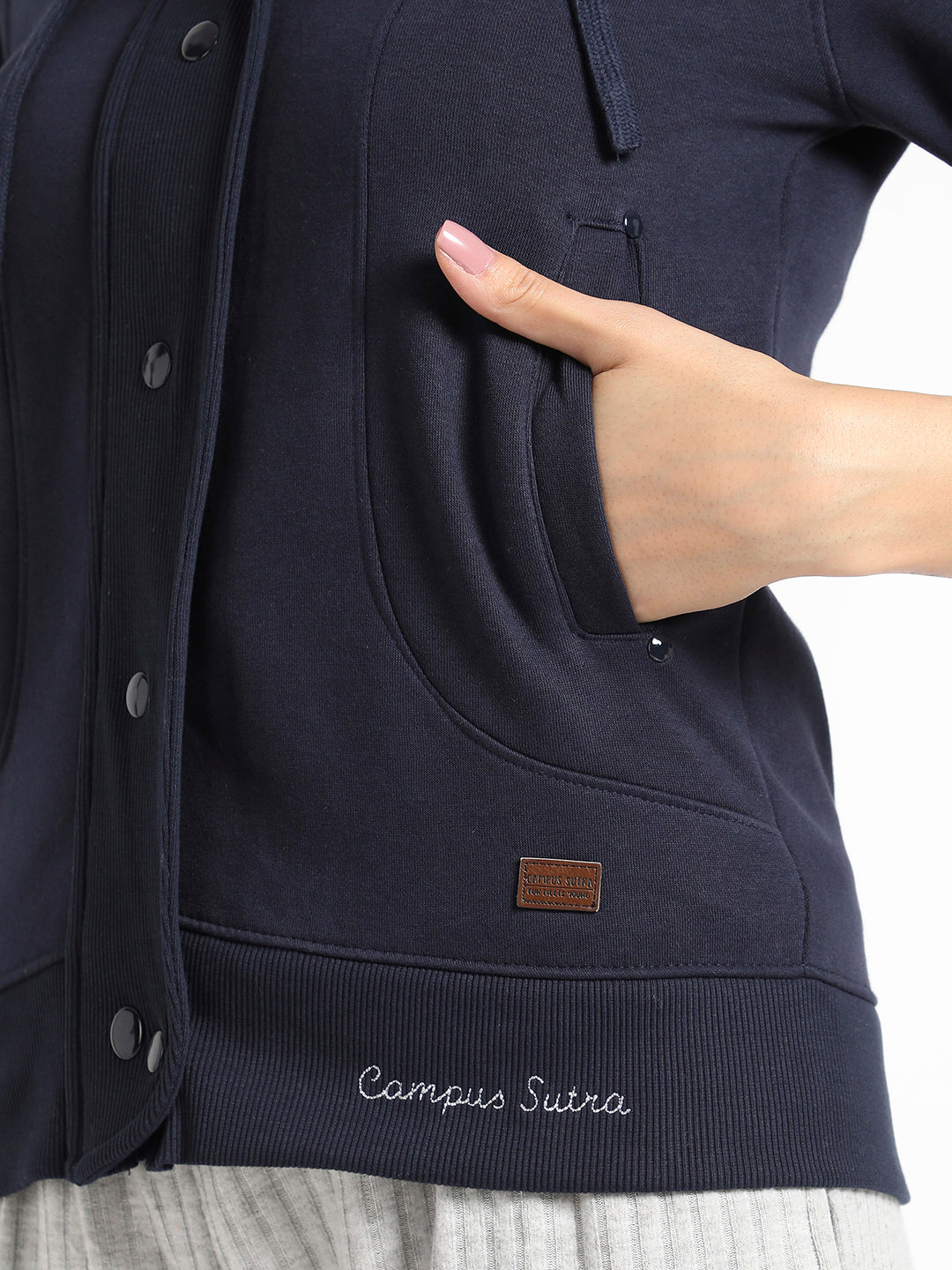 Navy Blue Hooded Jacket With Angled Open Pockets