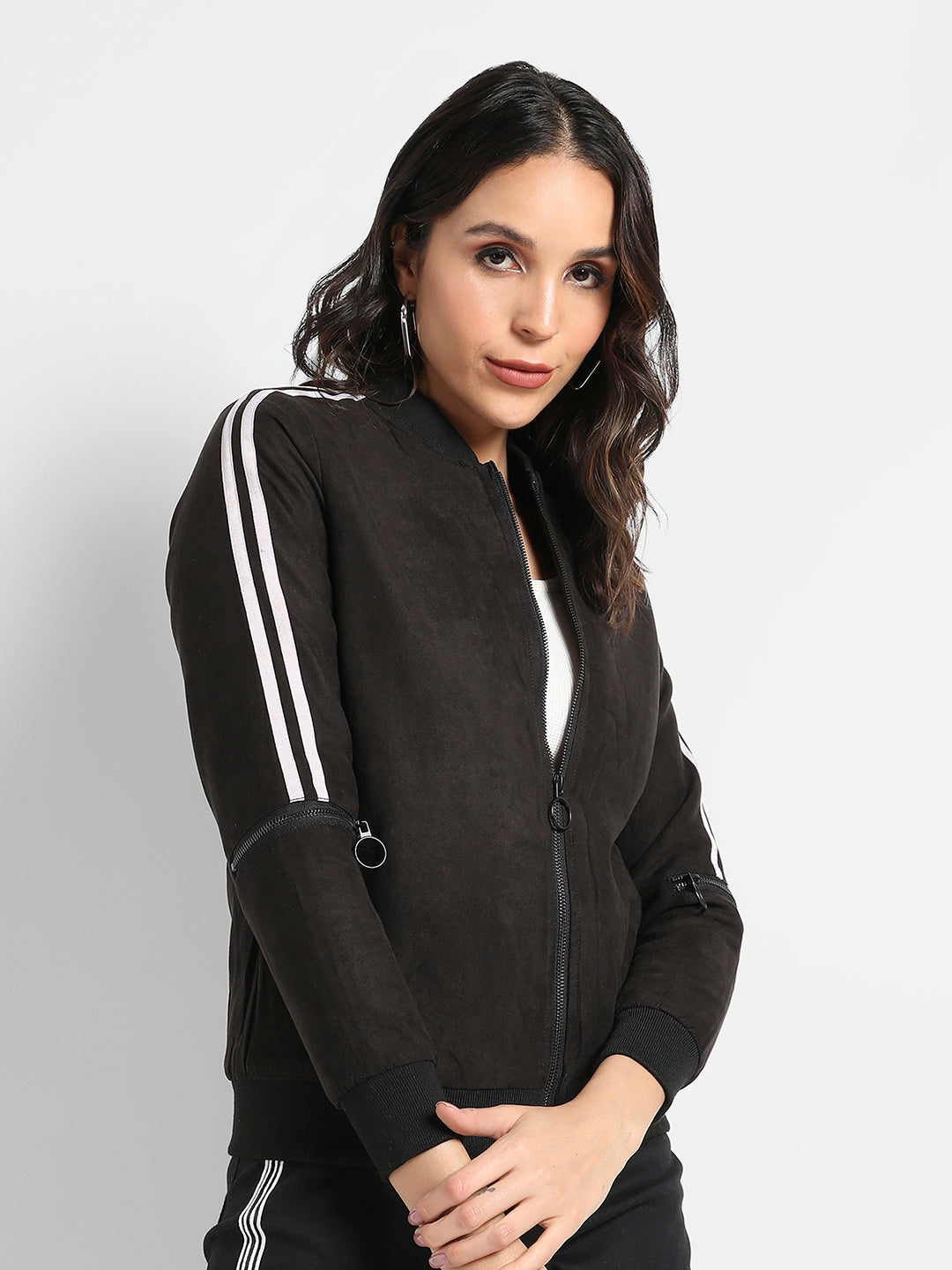 Zip-Front Bomber Jacket With Contrast Striped Sleeves