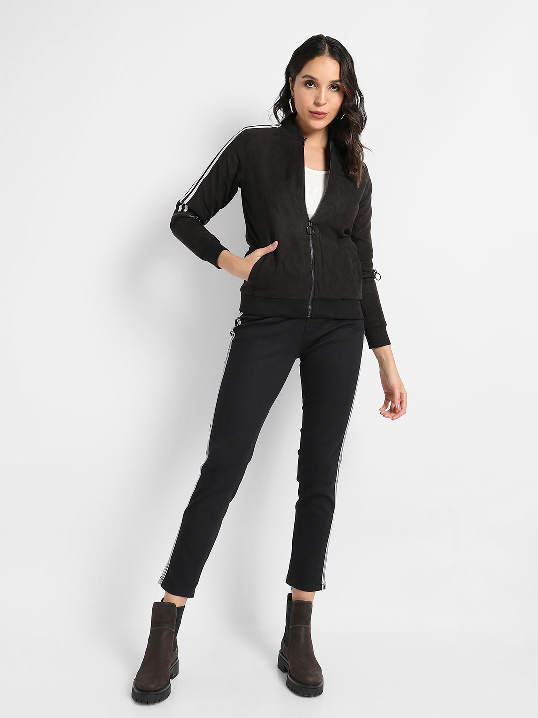 Zip-Front Bomber Jacket With Contrast Striped Sleeves