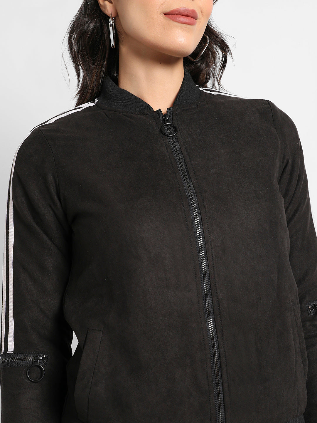 Zip-Front Bomber Jacket With Contrast Striped Sleeves