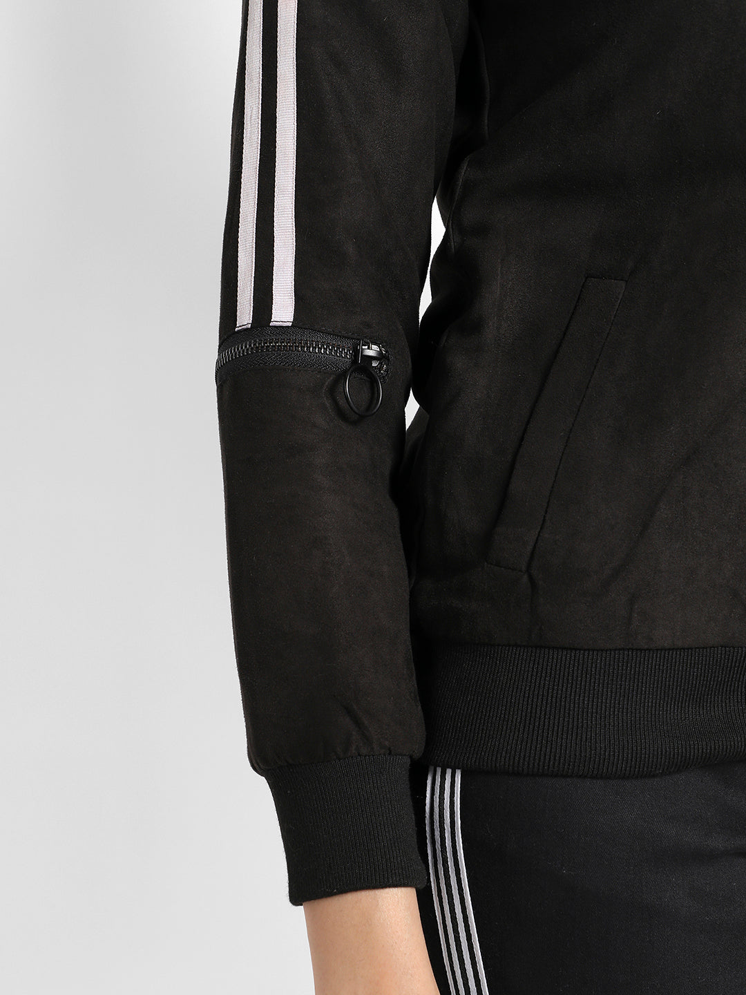 Black Zip-Front Bomber Jacket With Contrast Striped Sleeves