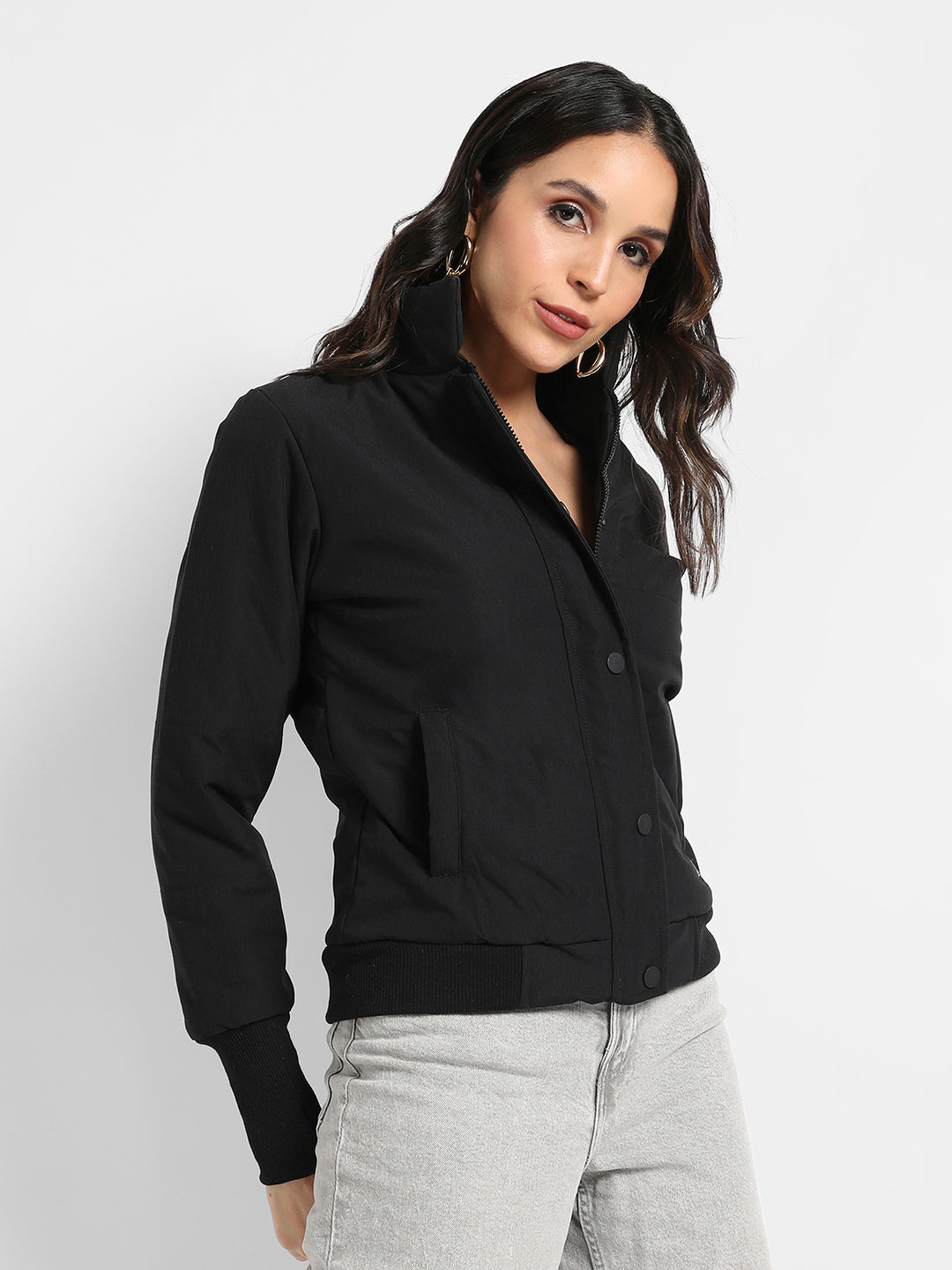 Solid Puffer Jacket With Angled Open Pockets