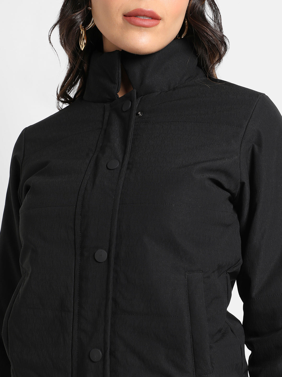 Solid Puffer Jacket With Angled Open Pockets