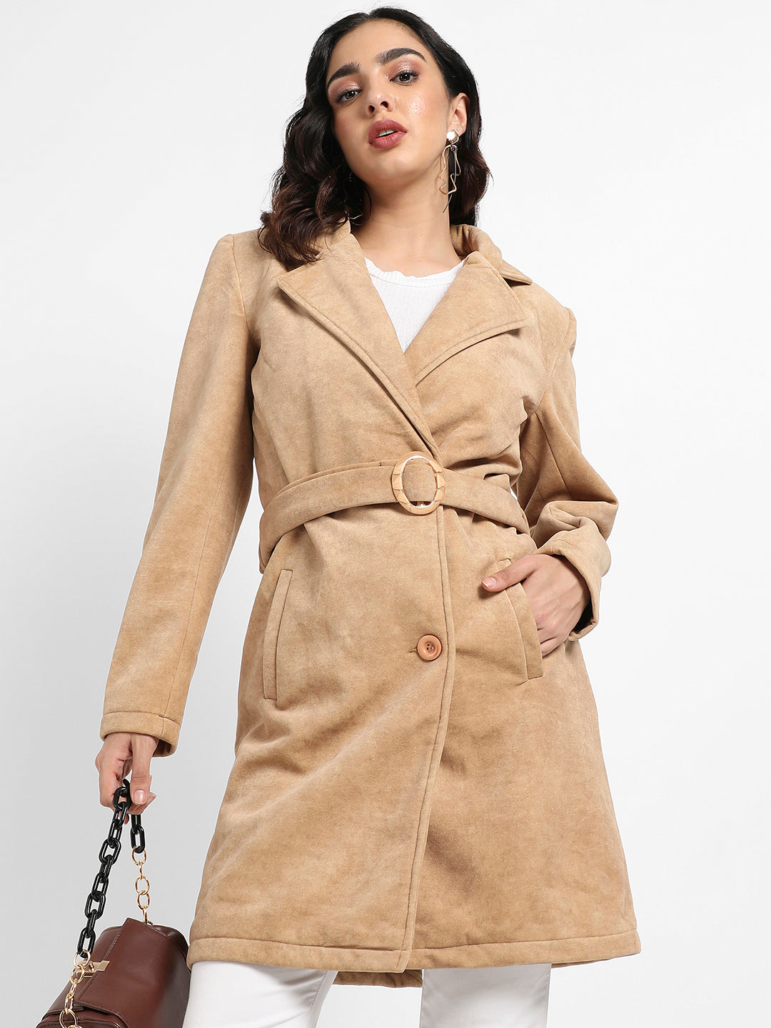 Single-Breasted Long Coat With Belted Waist