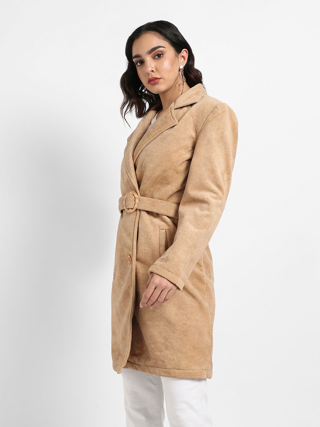 Single-Breasted Long Coat With Belted Waist