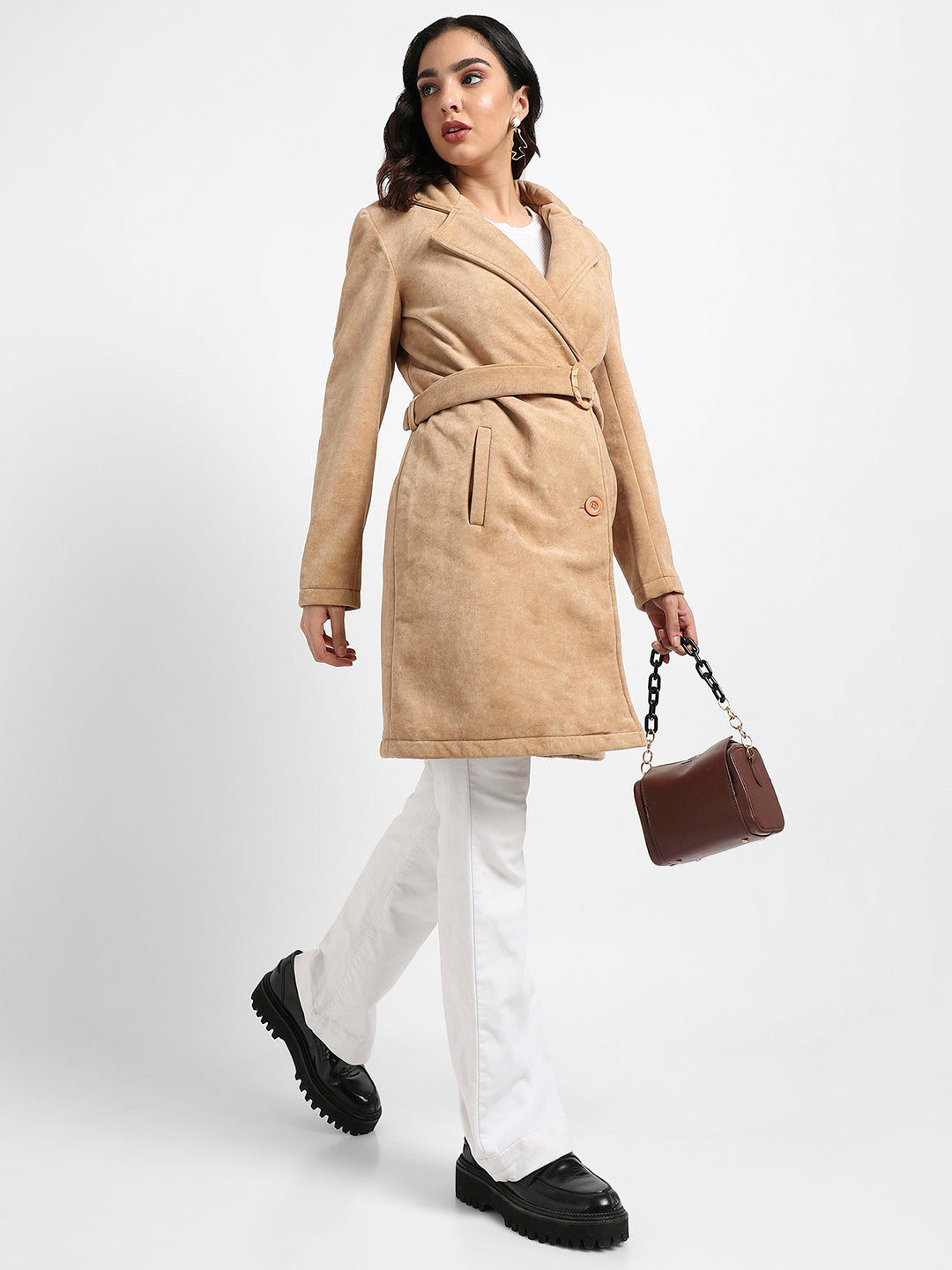 Single-Breasted Long Coat With Belted Waist