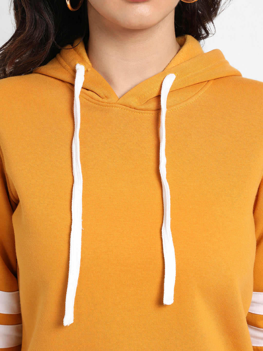 Mustard Yellow Pullover Hoodie With Contrast Stripe Sleeves