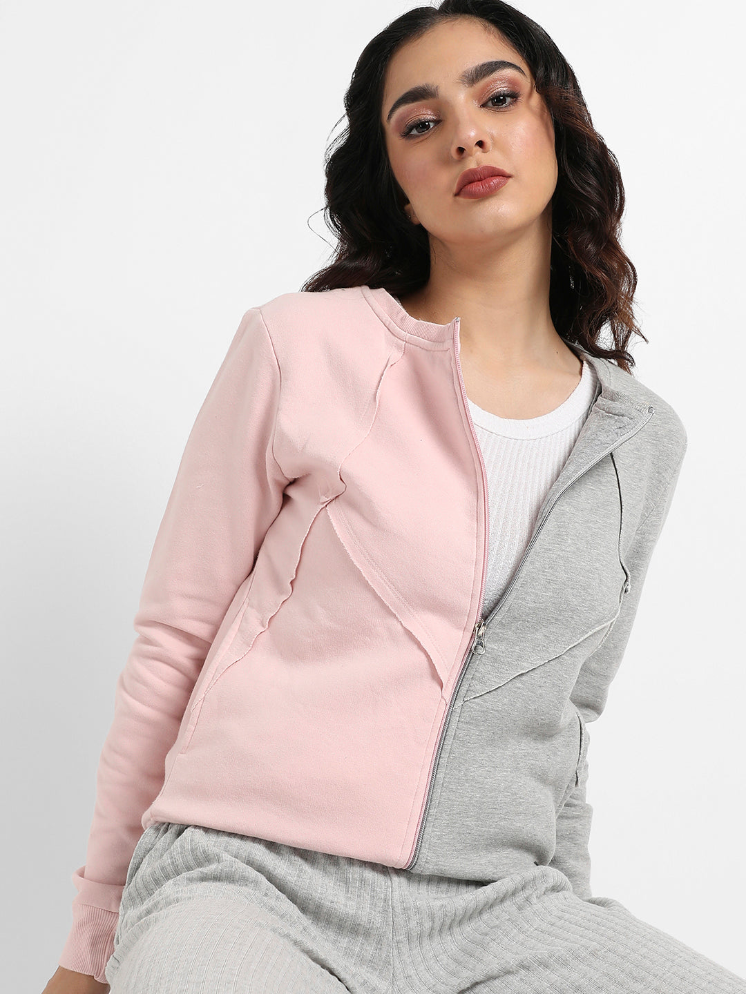 Colourblock Zip-Front Sweatshirt With Ribbed Hems