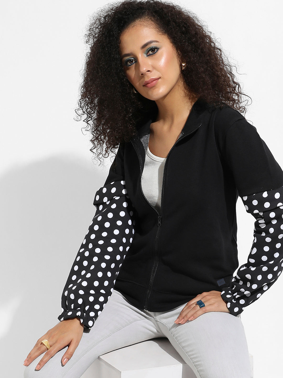 Zip-Front Sweatshirt With Polka Dot Sleeve