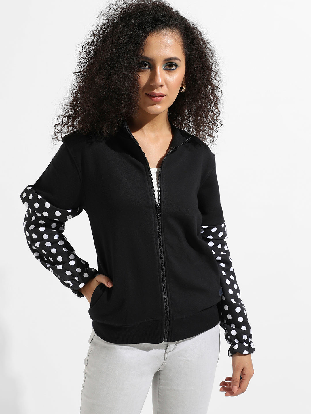 Zip-Front Sweatshirt With Polka Dot Sleeve