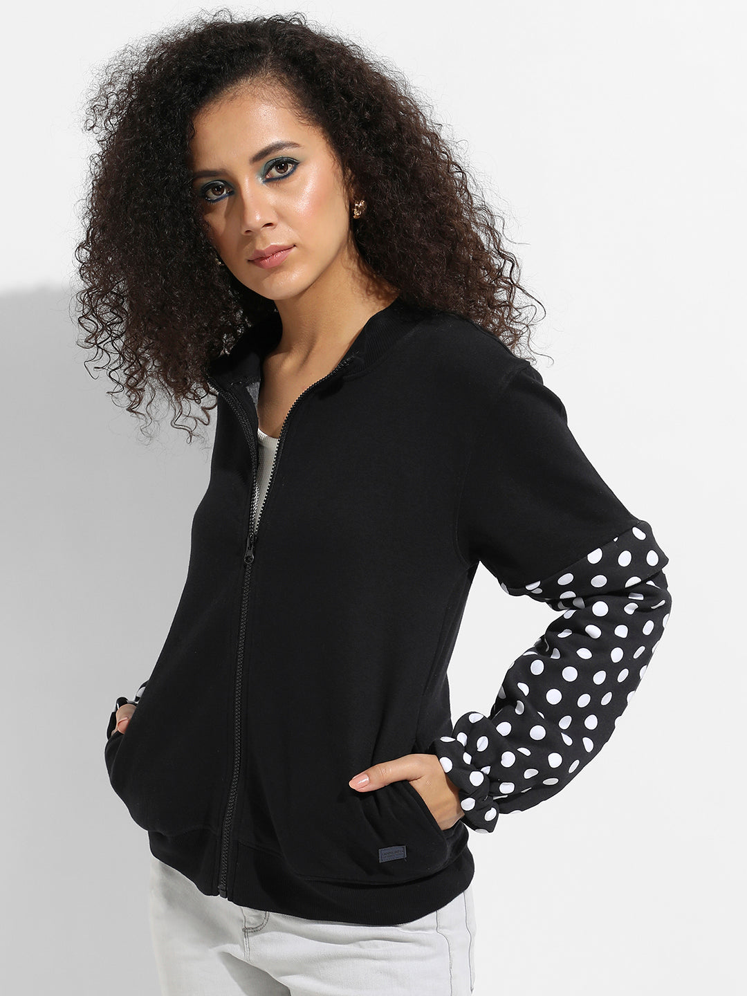 Zip-Front Sweatshirt With Polka Dot Sleeve