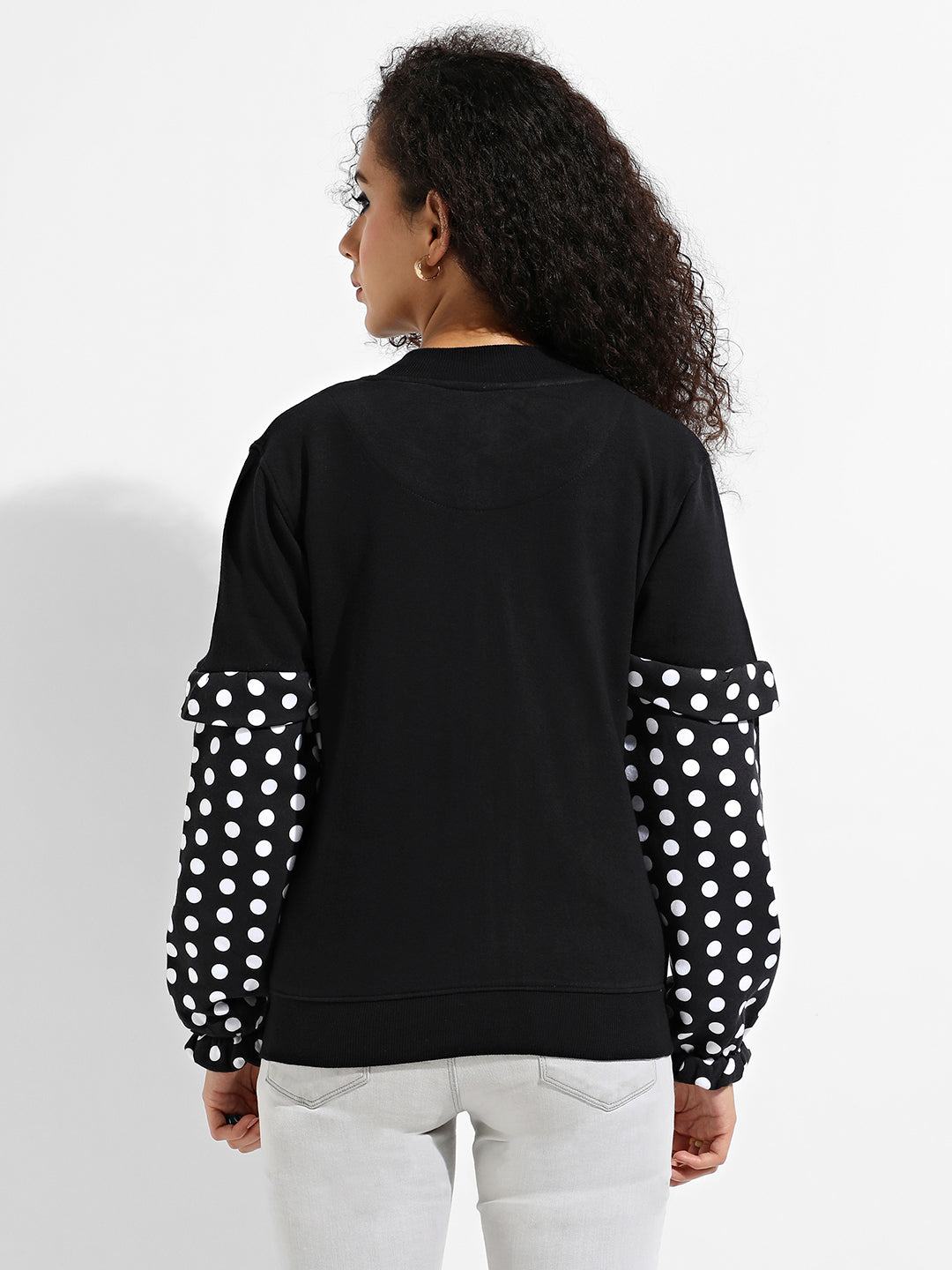 Zip-Front Sweatshirt With Polka Dot Sleeve