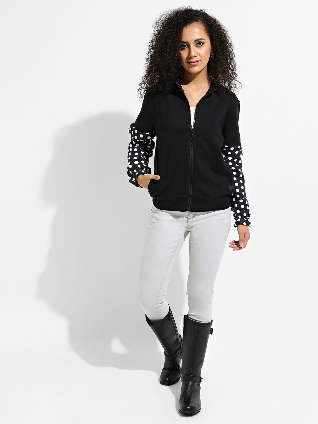 Zip-Front Sweatshirt With Polka Dot Sleeve