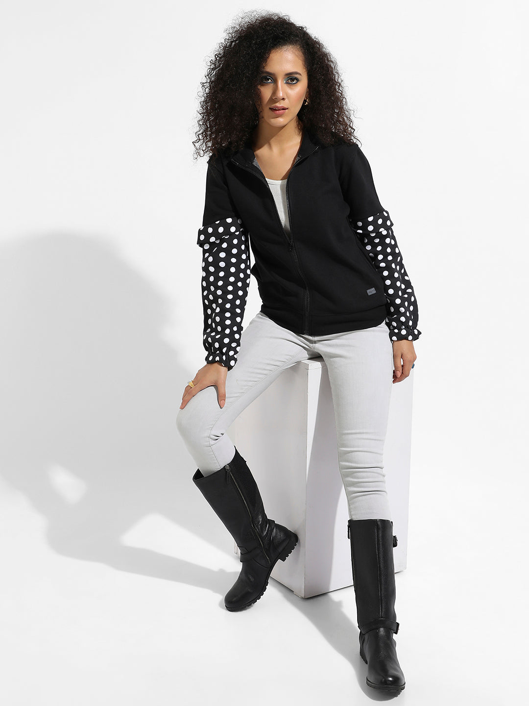 Zip-Front Sweatshirt With Polka Dot Sleeve