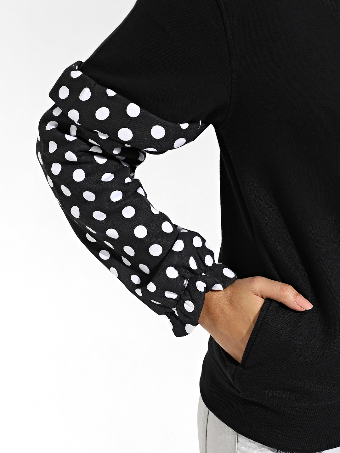 Zip-Front Sweatshirt With Polka Dot Sleeve