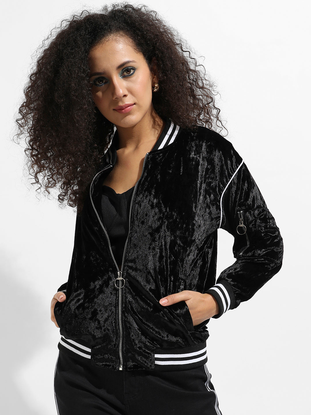 Velvet Bomber Jacket With Contrast Piping