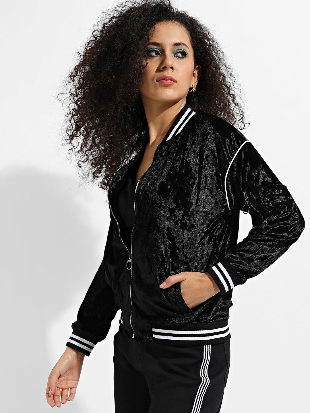 Velvet Bomber Jacket With Contrast Piping