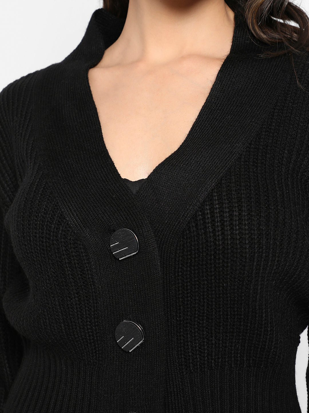 Black Solid Ribbed Cropped Cardigan