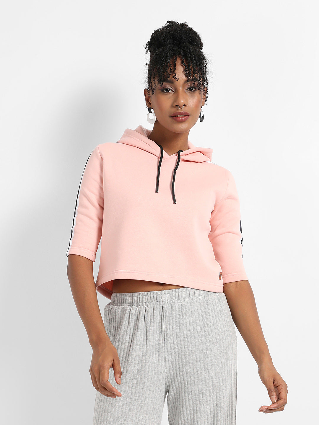 Crop Hoodie With Striped Sleeve