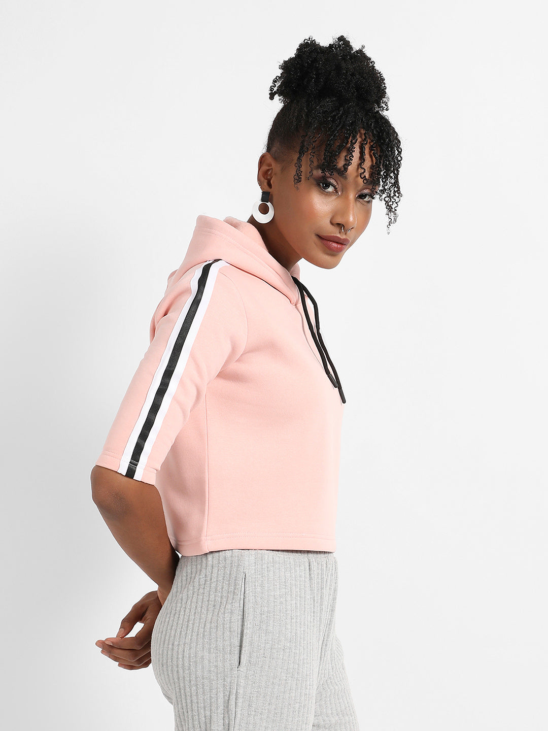 Crop Hoodie With Striped Sleeve