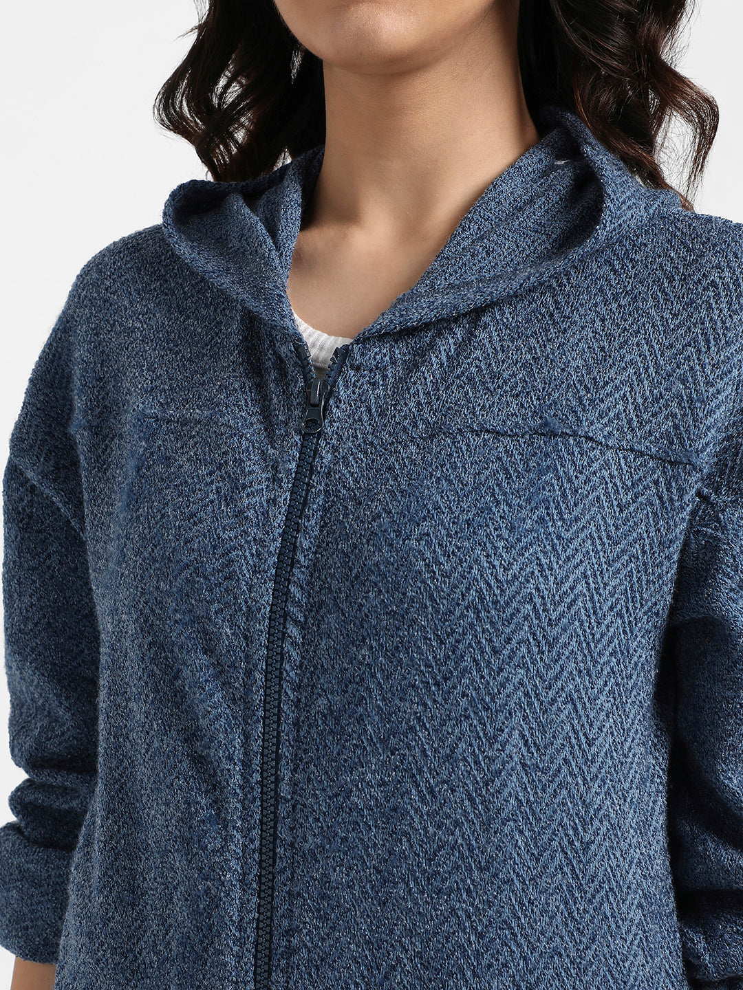 Prussian Blue Zip-Front Chevron Hoodie With Elasticated Hem