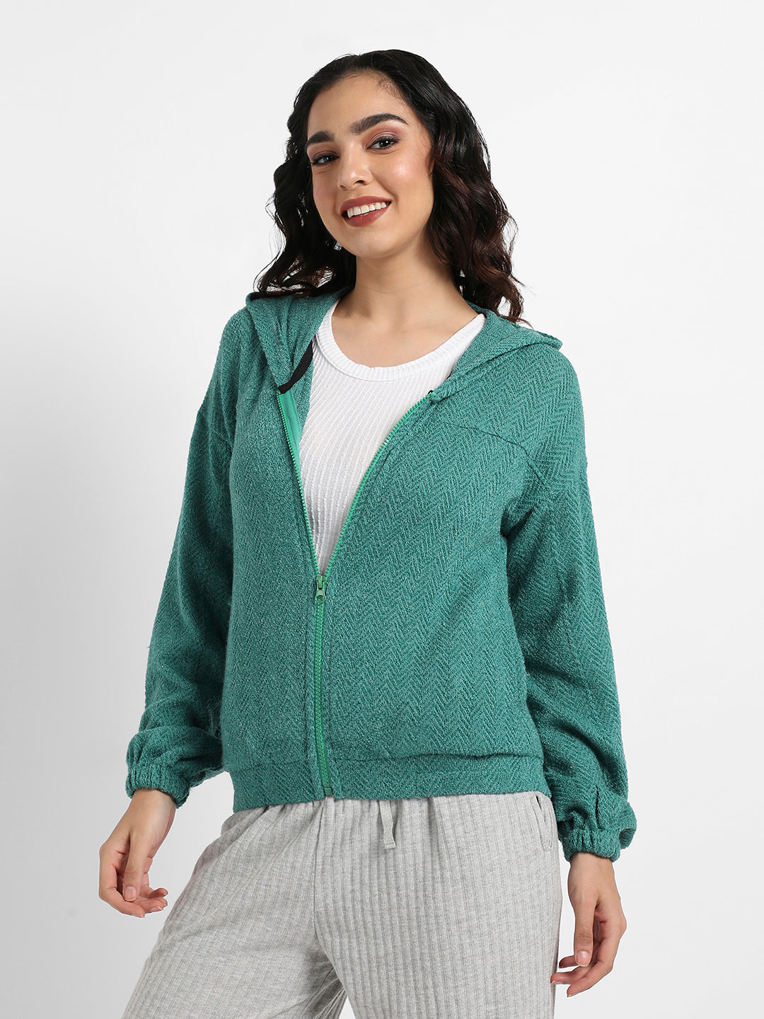 Zip-Front Chevron Hoodie With Elasticated Hem