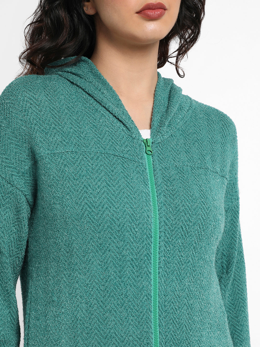 Teal Green Zip-Front Chevron Hoodie With Elasticated Hem